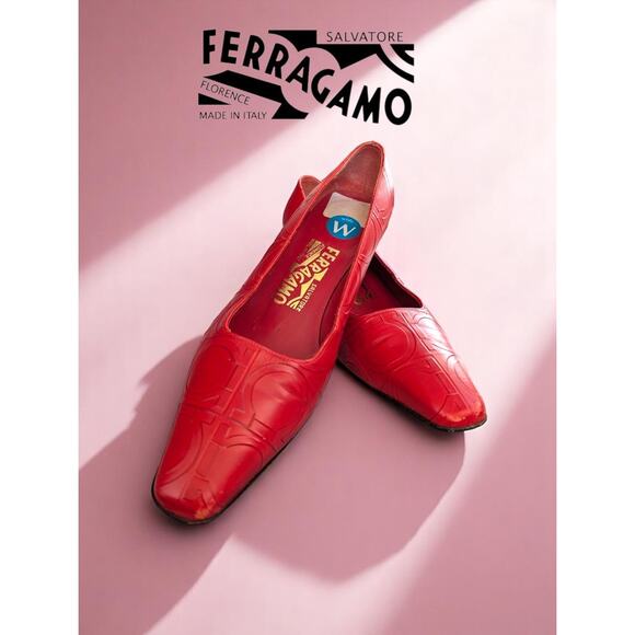 Salvatore Ferragamo Red Leather Embossed Heels – Size 7W – EUC - Picture 2 of 5